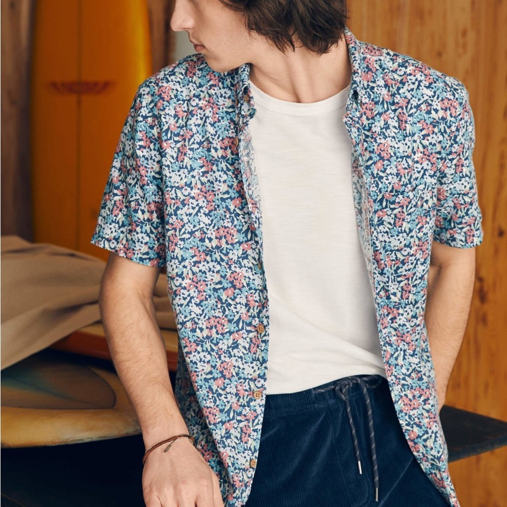 Faherty Short Sleeve Breeze Shirt Floral M Linen Blend